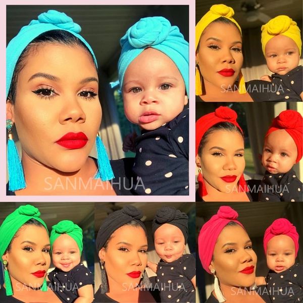 Chapeau Turban Parent-enfant, couvre-chef africain avec nœud à la mode, pour maman et bébé, tendance, couleur unie, pour femmes et enfants, couvre-chef indien, Hijab