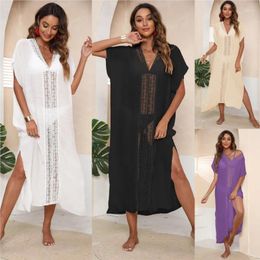 Pareo Beach Women Pareos Cover Up voor Swimwear Dress Lace Neck Slit Bikini Rok Solid Polyester Exit of Badkamer Sexy de Plage