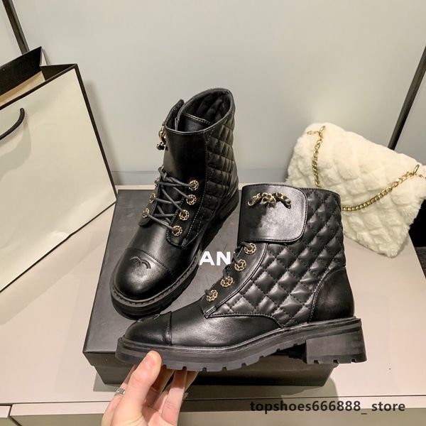 París 2023 Nueva moda de invierno Zapatos de diseñador de lujo Botas de mujer con cordones Cabeza redonda Mujer Martin Botas de moto Negro Tacón medio Botas dobles de cuero c