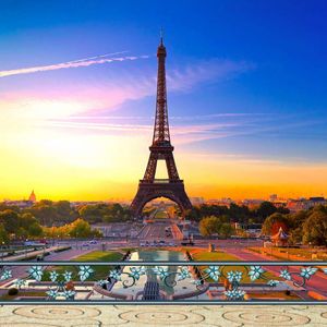 Fondo de fotografía de la Torre Eiffel de París Hermosa vista de la ciudad Cielo azul Puesta de sol Fondos escénicos Fondo de sesión de fotos de boda al aire libre