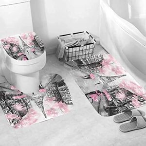 Paris Eiffel Tower Tapis de salle de bain rose et tapis de tapis avec salle de bain non glissante Ushaped Couvercle de couvercle de baignoire de la Saint-Valentin 240508