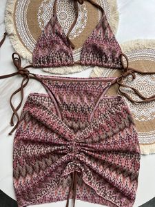 Paris Fashion Crochet 3 -delige Bikini Set 2024 Luxe rok gestreepte badmode Designer Swimsuit Dames Sexy Beachwear Push Up Bathing Suits Brand Niet -gebonden Trikini XL XL