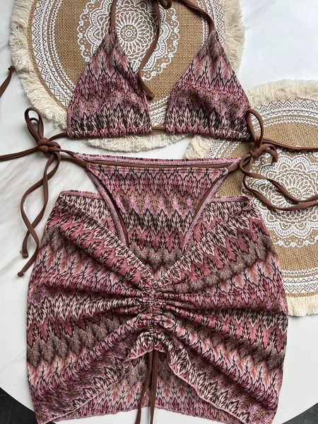 Paris Crochet Crochet 3 pièces Bikini Set 2024 Jupe de luxe Swimwear Sweetwear Designer Sexy Beachwear Pushwear Push Up Bathing Costumes Marque Trikini XL non.