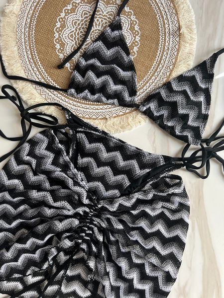 Paris Crochet Crochet trois pièces Bikini Set Ladies Luxury Jupe de maillot de bain à rayures Swcewear Sexy Beachwear Lace Up Bathing Costumes de Bataille