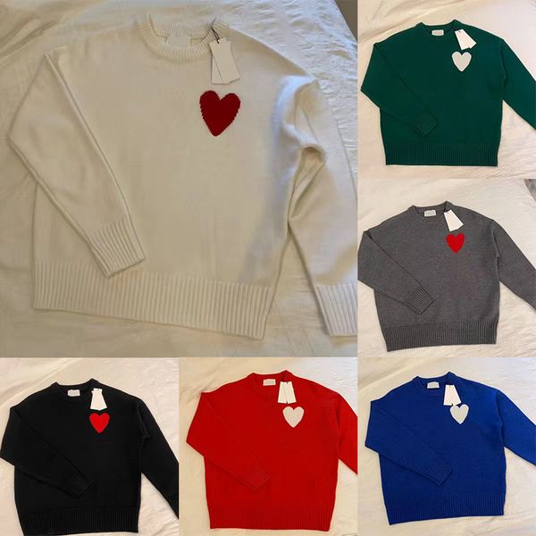 París Diseñador de moda para hombre Amies Suéter de punto Bordado Corazón rojo Color sólido Gran amor Cuello redondo Lana Hombres Mujeres Versión superior