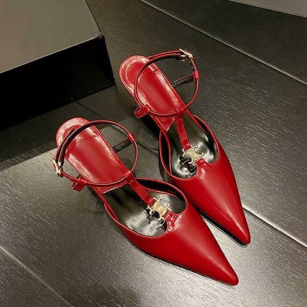 Sandalias puntiagudas de cuero completo de París para mujer, diadema de lujo con luz roja y línea T, tacones altos sexys y delgados, zapatos de boda 240220