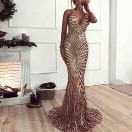 Paris Girl Elegant Deep V Neck Party Jurken Gold Lades Maxi Jurken Backless Bodycon Evening Club Mermaid Dress 210302