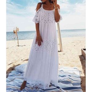 Paris Girl New Lace Cotton Long Boemian Cover Up Saida de Praia Sarong Bikini Maxi Beach Jurken Tunic Women 210319