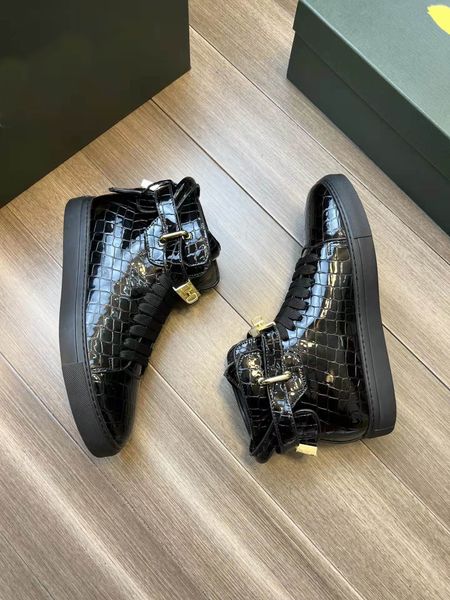 Paris Luxurys Fashion Locks Shoes Pisos Cuero genuino Arena Deportes Zapatillas de deporte High Top Designer Entrenadores casuales Zapatos de skate para hombres 38-45