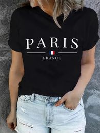 Camiseta estampada de París Cuella de manga corta Top casual para ropa de mujer Summer Spring 240424