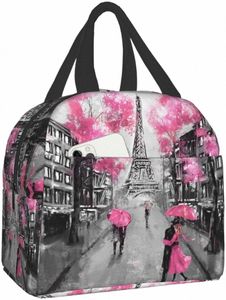 Paris Street Tour Eiffel Rose Sacs à lunch floraux pour femmes Garçon Fille Réutilisable Boîte à lunch isolée Convient Voyage Travail Plage l2NR #
