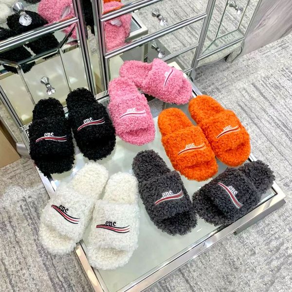 Paris Tazz Zapatillas Lujos Oso de peluche Tacón plano Mujeres Fuzzy Sliders Invierno Cálido Diseñador Zapatilla Casual Zapato Sandalia Mullido Casa Blanca Sandalia Diapositivas de piel Mula