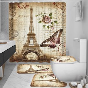 PARIJS TOREN LANDSCHAP 3D Waterdichte Douche Gordijnen Badkamer Gordijn Sets Anti Slip Voetstuk RUG Deksel Toilethoes Bad Mat Set Y200108