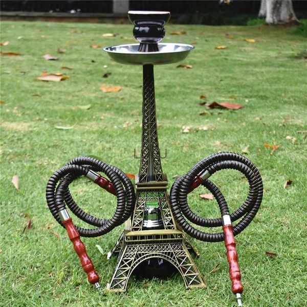 Paris Tower Métal Shisha Narguilé Double Tuyau avec Céramique Bol Pinces À Charbon De Bois Shisha Plaque Narguilé Acrylique Base Chicha Nargile HKD230809