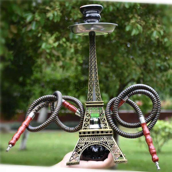 Paris Tower Shisha Set Hookah Manguera doble con tazón de cerámica Pinzas de carbón Shisha Plate Hookah Base acrílica Chicha Nargile HKD230809