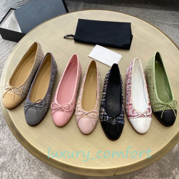 Paris Femmes Ballerines Chaussures En Cuir Véritable Agneau Cap Toe Ballerines Robe Chaussures Designers Mocassins Printemps Multi Couleur Tweed Ballerine Bout Rond TAILLE 34-42