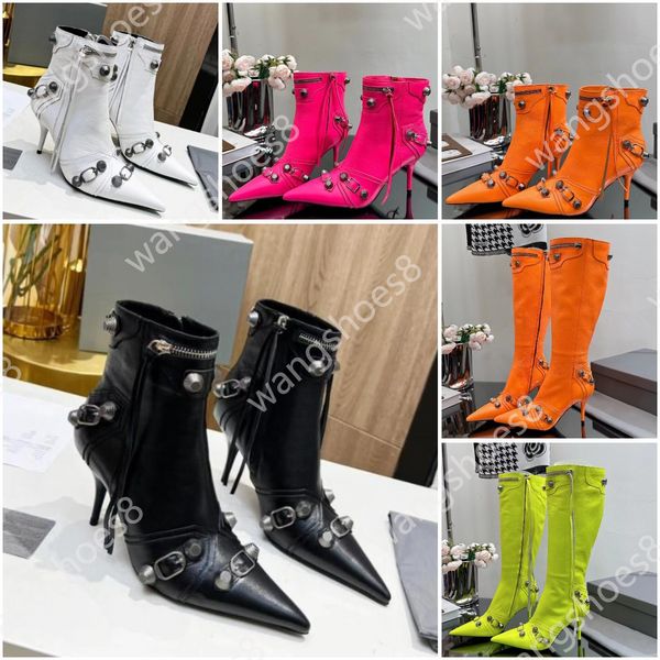 Paris Femmes Cagole Boot Designer Cagole Spike 9Omm En Peau De Mouton Rivet Bottes Boucle De Ceinture Décorative Fermeture À Glissière Latérale Locomotive De Luxe Sexy Pointu Mode Talons Hauts Bottes