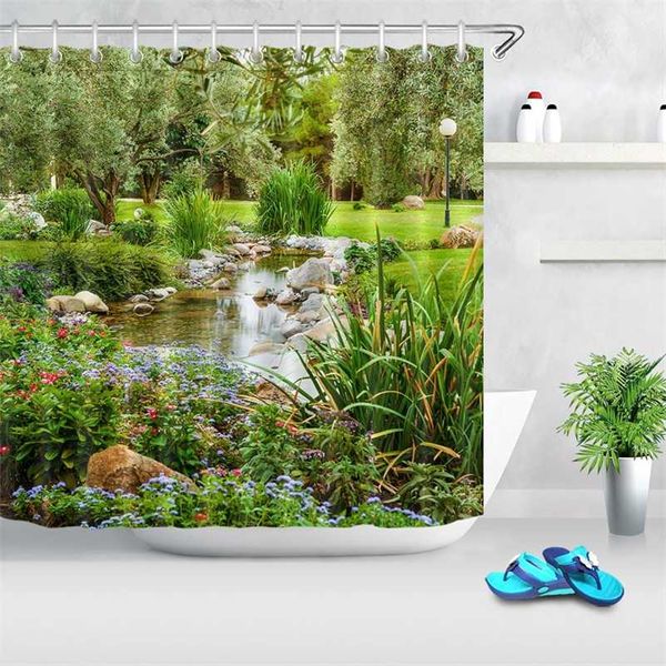 Parc Jardin Arbre Fleur Étang Nature Paysage Rideau De Douche Salle De Bains Polyester Tissu Imperméable Rideaux Maison Baignoire Décor 211115