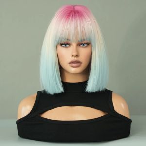 Park Yun Short Straitement rose Gradient Blue Wigs With Bangs Wig Natural Synthetic Hair pour femmes