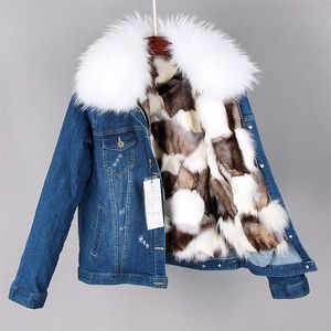 Parka jas vrouwen natuurlijke wasbeer bontkraag jeans jas echte voering korte denim fashion bomber winter 211220