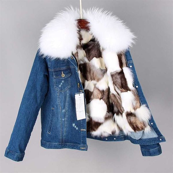 Parka Manteau Femmes Naturel Raton Laveur Col De Fourrure Jeans Veste Véritable Doublure Courte Denim Mode Bomber Hiver 211220