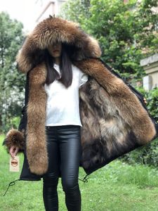 Parkas 413Fur Nieuwe Winter Jacket Dames Xlong Parka Waterdichte Big Natural Raccoon bont kraagkap Real Fur Coat Dik Warm Echte Fox Fur