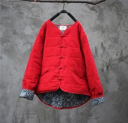 Parka's Aransue Vrouwelijke Katoenen Linnen Winterjas Vintage Cottonpadded Jassen Vrouwen Artistiek Porselein Patchwork Veste Femme Tops