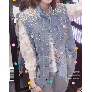 Parka's Kralen Denim Vest Jas Vrouwen Koreaanse Mode Losse Vest Gilet Femme Lente Zomer Casual Vest Pocket Jeans Chaleco