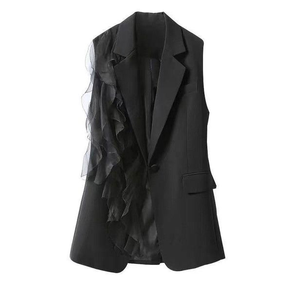 Parkas Noir Costume Gilet Femme Été 2023 Nouvelle Mode Coréenne Couture Mousseline De Soie Sans Manches Blazers Gilet Femmes Veste Vêtements D'extérieur Top