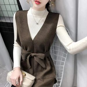 Parka Casual Office Lady Koreaanse Sjerpen Wollen Vest Vrouwen Lente V-hals Vest met Riem Vrouwelijke Chic Eenvoudig Mouwloos Vest Y193