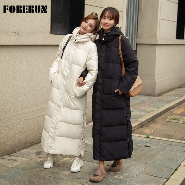 Parkas FORERUN Extra Long manteau femmes à capuche manteau à bulles élégant coton rembourré Parka chaude 2021 solide vêtements d'hiver vêtements d'extérieur