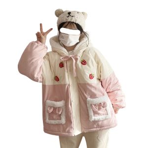 Parkas Veste d'hiver japonaise pour femmes Kawaii Fraise Lapin Rose Bleu Manteau en velours côtelé Rembourré Coton Polaire Veste moelleuse 2023 Parka