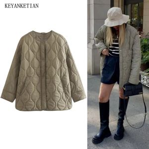 Parkas keyanketian winter nieuwe vrouwen quilt cottonspadded jas leger groene oneck single breasted oversize vintage Jaqueta feminina