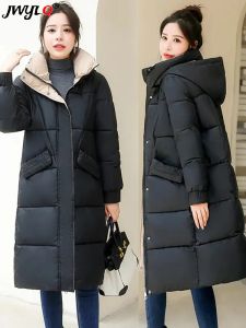 Parka's Koreaanse mode opstaande kraag met capuchon Warme zoom Knielengte pufferjack Dames Winter Cottonpadded Oversized parka's Casual jassen