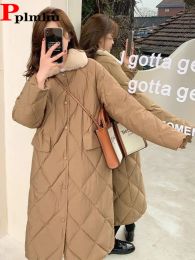 Parka's Koreaanse nepbontkraag Lange parka's Sneeuwkleding Winter Dames gewatteerde jas Los gewatteerde jassen Dikker warme geruite overjas Casaco