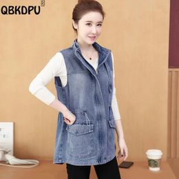 Parkas Lace Up Plus size denim vest vrouwen 95 kg Koreaanse mode stand kraag losse vest blauw/zwart vest mouwloze spijkerbroeken dame