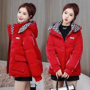 Parka's Korte parka Donsjack met katoenwatten Dames 2023 nieuwe winterjassen Rood Mode Glanzend CottonPadded jack Studentenjas Wit