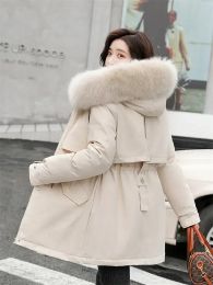 Parkas Manteau d'hiver à bas prix en vente pour femme, Beige, laine épaisse, chaleur, fourrure, capuche, veste Parkas, nouvelle mode, ceinture, manteau en coton Slim, 2023