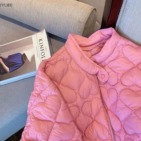 Parkas Invierno Ultraligero Casual Manga Larga Cremallera Abrigo Corto Moda Callejera Chaqueta Acolchada De Algodón Con Diseño De Amor Rosa Para Mujer