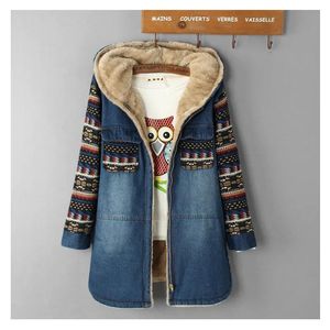 Parka's Dames Denim Jas Winter 2022 Casual Print Patchwork Plus Fluwelen Dikke Warme Losse Tops Bovenkleding Lange Katoenen Gewatteerde Jas Vrouwelijke