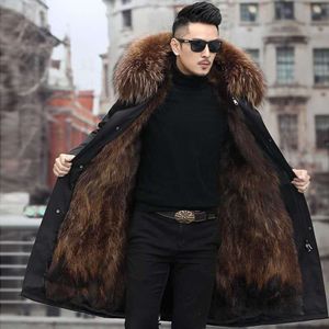 Parker Manteau d'hiver mi-long en fourrure intégrée pour homme avec doublure intérieure amovible en raton laveur - Veste en simili cuir OXAZ
