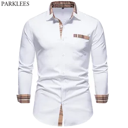 PARKLEES-Camisas formales de retales a cuadros para hombre, Camisas ajustadas de manga larga, camisa con botones blanca, vestido de negocios y oficina, otoño 2021