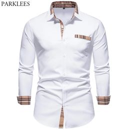 Parklees Herfst Plaid Patchwork Formele Shirts voor Mannen Slanke Lange Mouw Wit Button Up Shirt Jurk Business Office Camisas 220309