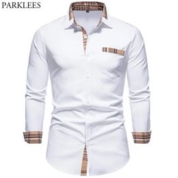 PARKLEES, camisas formales de retazos a cuadros de otoño para hombres, camisa blanca ajustada de manga larga con botones, vestido de oficina de negocios, Camisas 220401