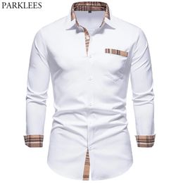 PARKLEES automne Plaid Patchwork chemises formelles pour hommes Slim à manches longues blanc boutonné chemise robe bureau d'affaires Camisas 220706