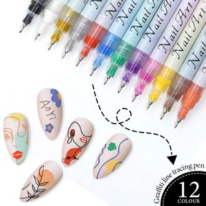 Parkson Nail Art Drawing Pen 12 colores Graffiti Secado rápido al aire Delineador acrílico impermeable DIY 3D Belleza Manicura Decoración Herramientas 240105