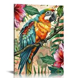 Perroquet art perroquets avec feuilles tropicales Hibiscus fleurs peinture murale colorée oiseaux œuvres