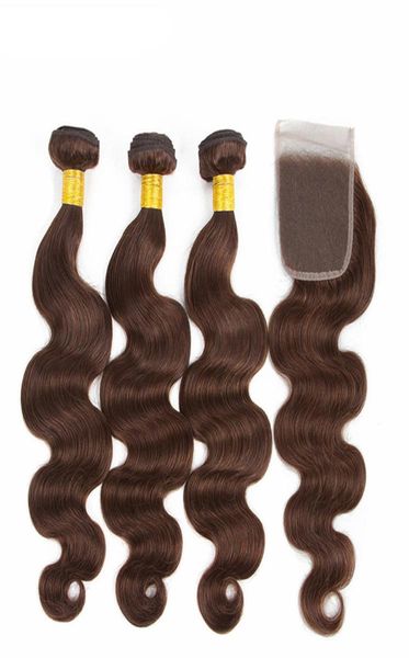 Partie dentelle fermeture avec des paquets de cheveux bruns couleur 4 chocolat brun moyen vague de corps tissages de cheveux humains avec 44 fermeture supérieure 7082317