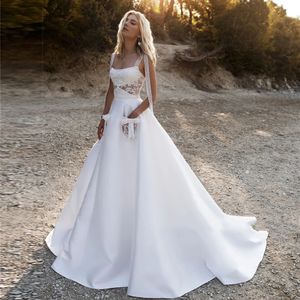 Robe de mariée trapèze en Satin, bretelles Spaghetti en dentelle, avec poches, haut transparent, dos nu, robes de mariée formelles, 328