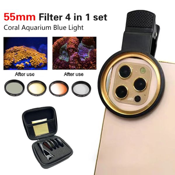 Pièces 52mm 4 en 1 ensemble lentille d'aquarium réservoir de poisson filtre jaune pour réduire la lumière jaune récif de corail photographie d'aquarium pour iphone